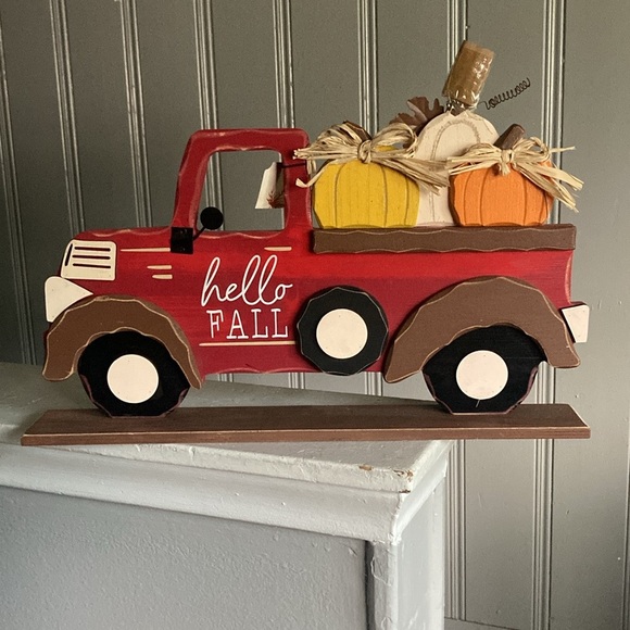 NWT Large- Hello Fall- Red Wooden Farmtruck with 3 Pumpkins Decoration w/ Base - Picture 17 of 17